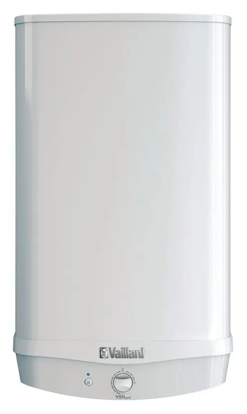 Weißer Wand-Warmwasserspeicher mit runder Form und Regler, eingebautes Vaillant-Logo. Das Gerät ist für die hydraulische Anbindung in geschlossenen Systemen konzipiert.